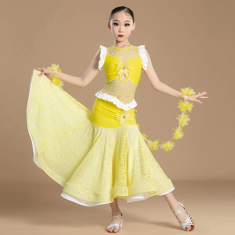 Standard Ballroom Dance Dress Yellow Waltz Competition Girl Sleeveless Long Dresses For Modern Dance Performance Summer VDL263