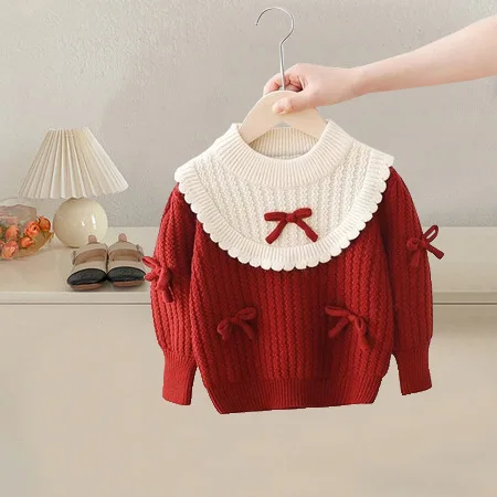 

Autumn Winter Toddler Baby Girls Sweater Patchwork Bowknot Lace Kid Girls Pullovers Thicken Round Collar 1-8Y Girls Knitted Tops