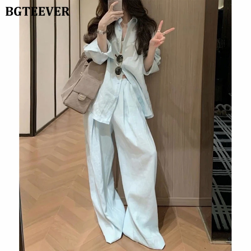 

BGTEEVER Summer Loose Female Trousers Set Full Sleeve Shirts & Elastic Waist Wide Leg Pants Women 2 Pieces Set