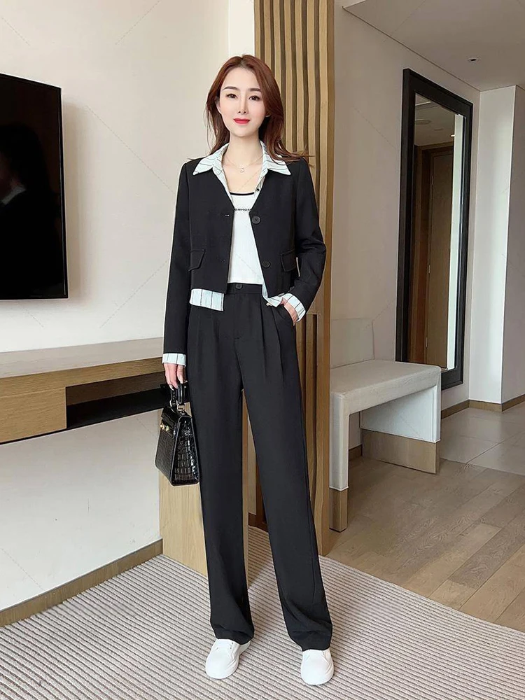 Woman's Winter Retro Casual Shirt Stitching Blazer Coats Wide-leg Pants Suit French Striped Stitching Suit Pants Two-piece Set