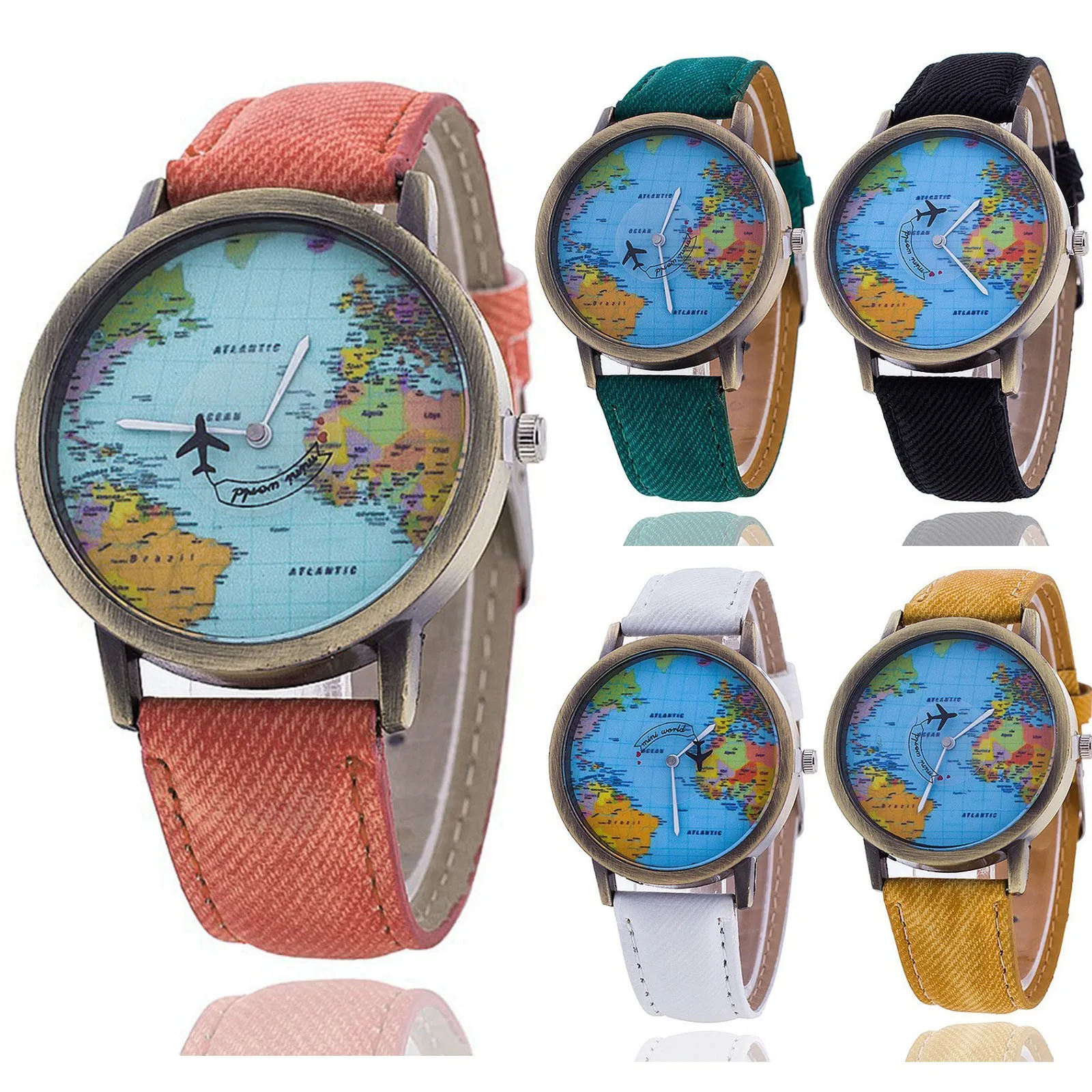 Fashion Retro Belt Quartz Watch Airplane Second Hand Map Watch Unisex Elegant Watch Alloy Ladies Watch Alloy Ladies Watch