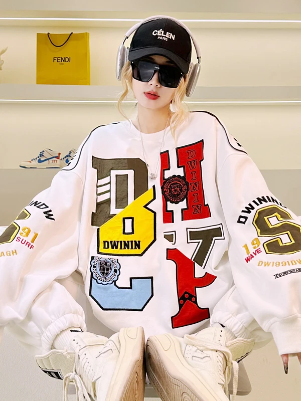 

Женская толстовка оверсайз с круглым вырезом и флисовой подкладкой в американском ретро-стиле, модная, осенне-зимняя, новинка, уличная одежда