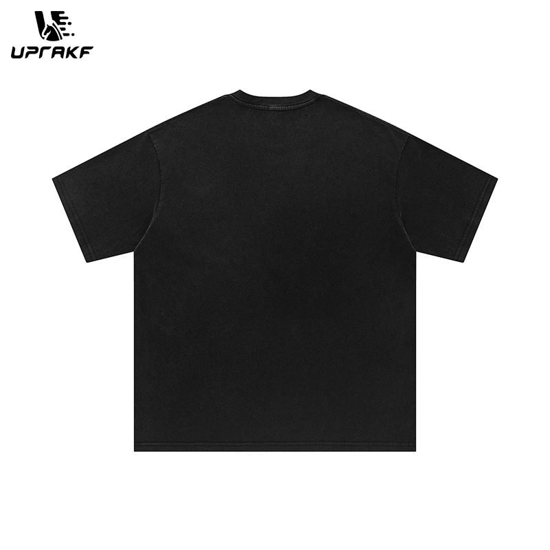 UPRAKF Streetwear Vague Letter Graphic Print T Shirt Oversize Tees Fashion Summer Casual Top Short Sleeve Black