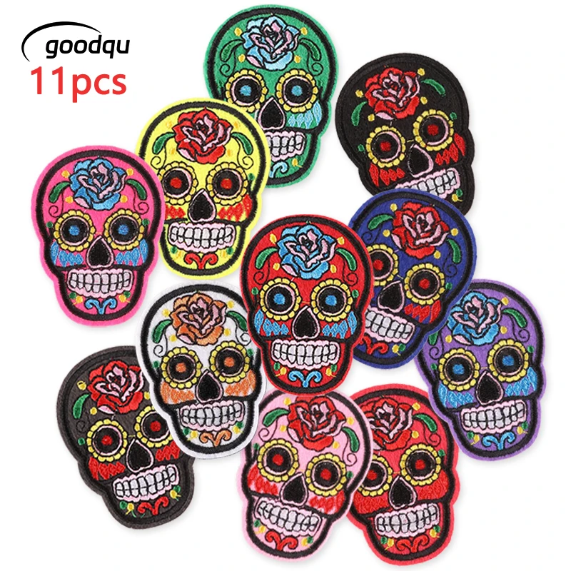 11pcs Lot Skull Iron On Patches For Clothes Embroidered Jacket Strijk Parches Bulk Sew Diy Naszywki Thermocollant Rock Mochila