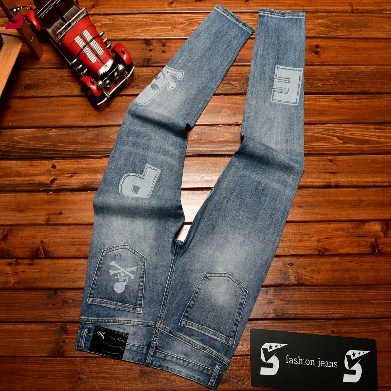 2026 New Spring Summer Fashion Printed Jeans Men, Rhinestone Decor, Slim Fit Stretch Thin Streetwear Pants