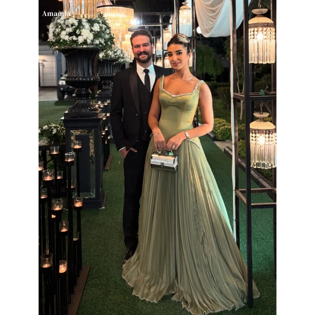 Amanda Aangepaste Groene Glitter Strapless Prom Dress Spaghetti Band Satijn A-lijn vestidos de noche Vloerlengte Formele Avond