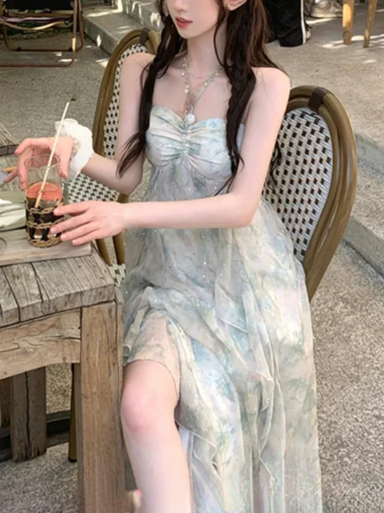 

Korean Beach Style Causual Elegant Midi Dress Women Sweet Sleeveless Holiday Sundress Office Lady 2025 Summer One Piece Dress