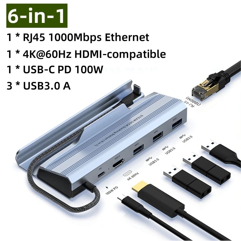 6 In 1 USB-C Game Hub Type-C Console Dock With 4K HDMI+PD 100W+USB 2.0*3 For Mobile Phone Laptop Steam Deck ROG Alloy