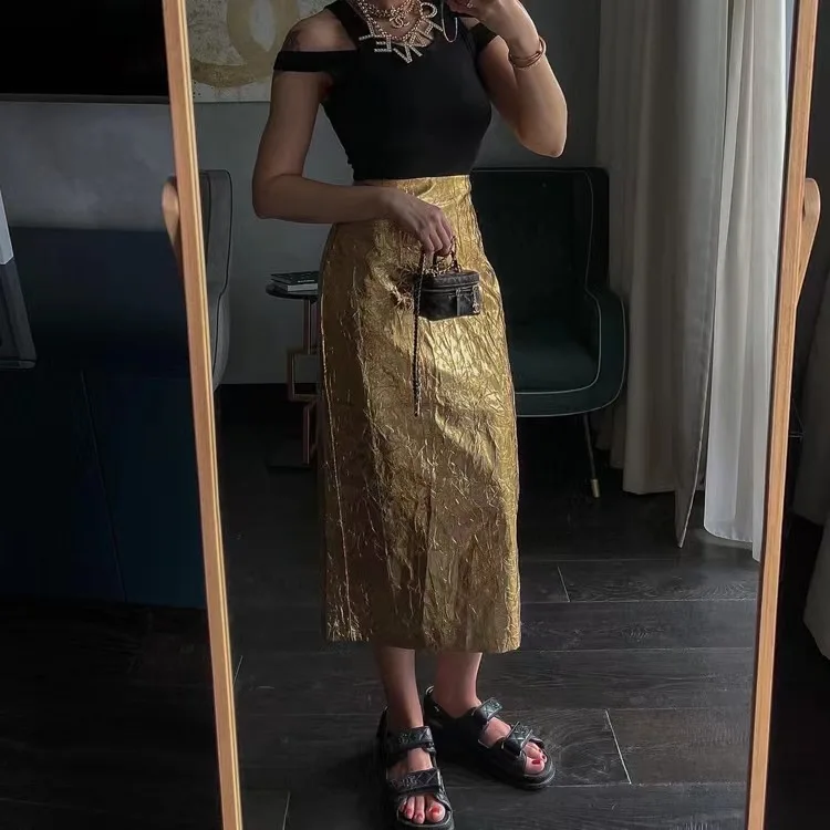 

Spring 2023 Faion High Waist Pleated Skirt with Ba Split Women's Midi Skirts Bodycon Skirts Folded Design