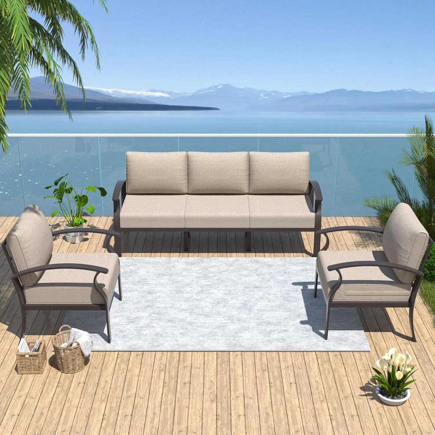 

Aluminum Patio Furniture Set 5-Seat Modern Metal Outdoor Conversation Sets w/5.1 Inch Cushion Patio Sectional Sofa, Sand