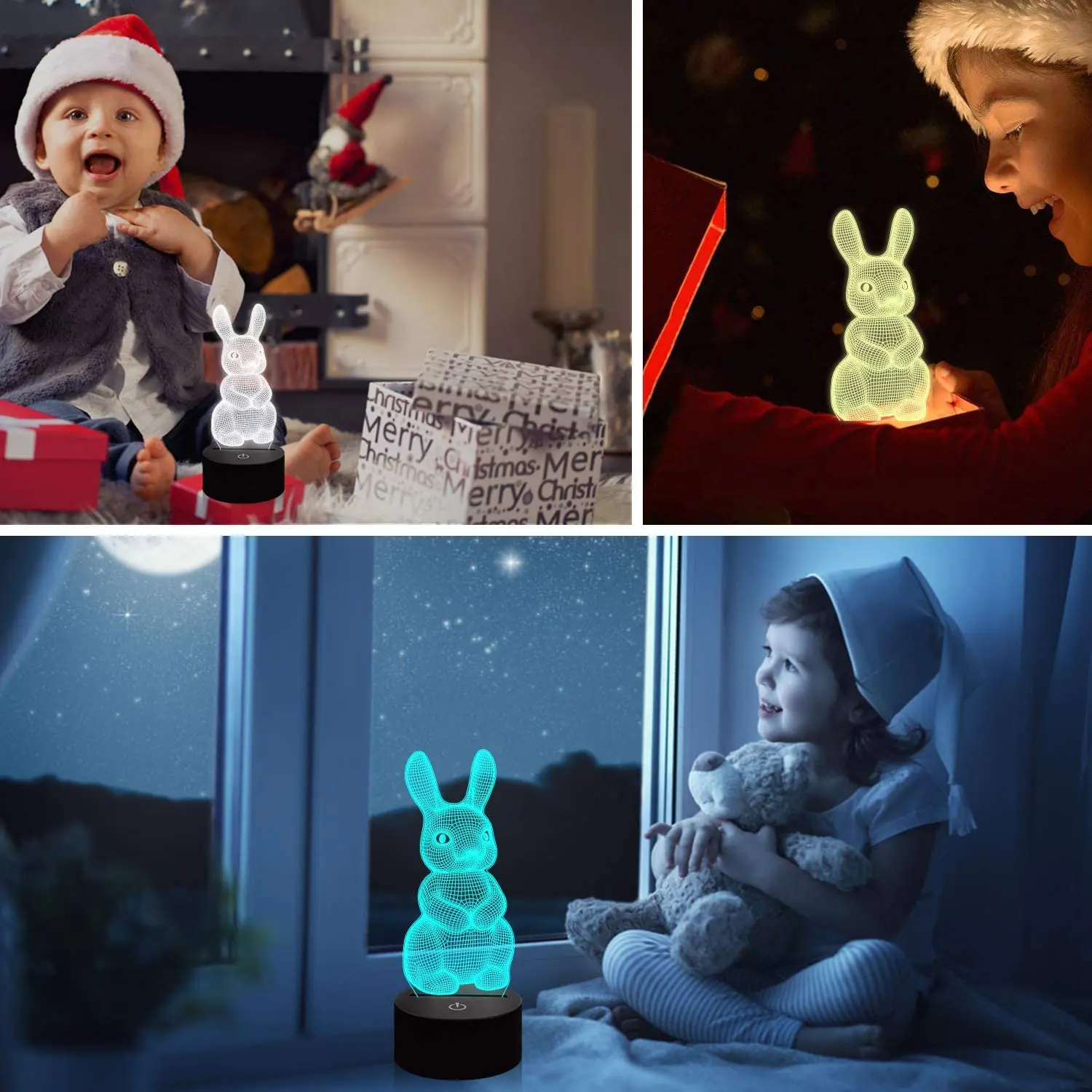 Lámpara de conejo de luz nocturna 3D para niños, decoración de dormitorio, Navidad, cumpleaños, vacaciones, Pascua, regalos para niños y niñas