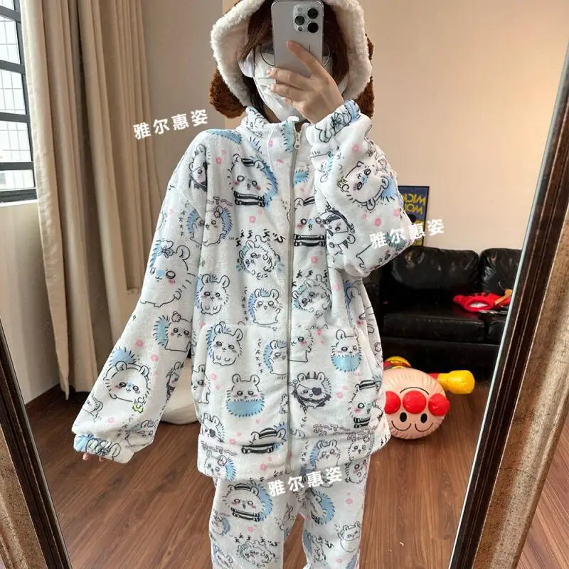2Pcs Anime Chiikawa Pajamas Girls Winter Pajamas Set Momonga Velvet Thickened Home Clothes Warm Women's Pajamas Flannel Homewear