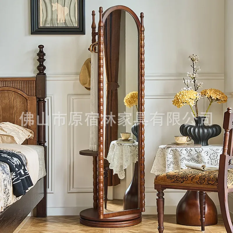 for French Solid Wood Full Length Mirror Medium Ancient Style Rotatable Floor Mirror for Living Room Home Bedroom Full Body