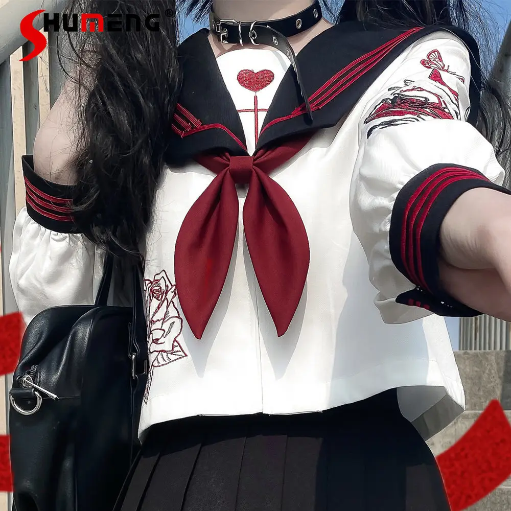 Japanese Style Punk Skirt Sets Dark Jk Uniform Sweet Long Sleeve Embroidery Sailor Bow Tie Shirt and Black Skirts Suit 2 Pieces