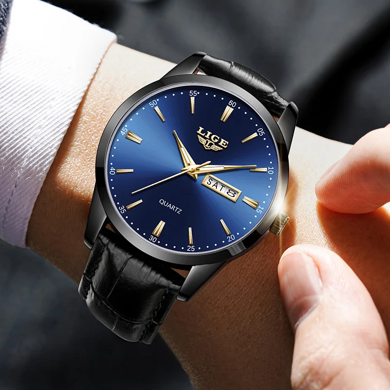 LIGE Luxury Man Watch Waterproof Luminous Date Week Leather Watch For Men Sports Men\'s Quartz Wristwatches Male Clock Reloj+Box