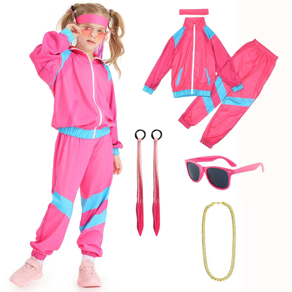 Unisex Boys 80s Tracksuit Kids Girls Retro Sportswear Hip Hop Disco Costume Top Pants Sets Dance Outfit Party Cosplay