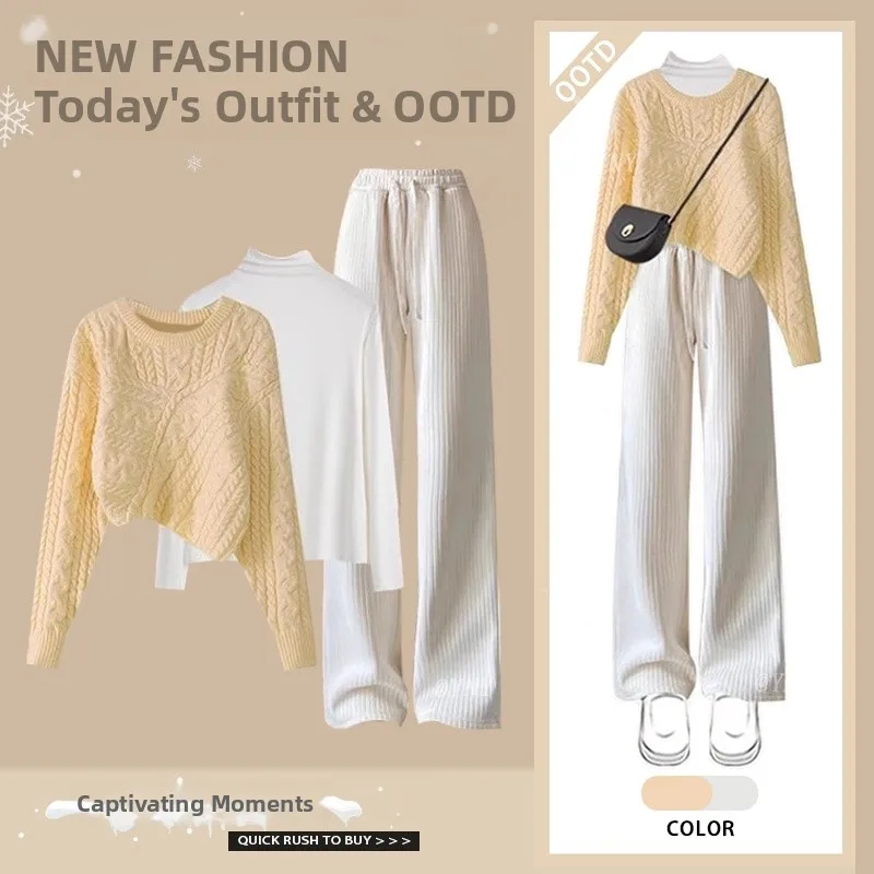 

Korean Sle Knitted Sweater High Waist Slimming Wide Leg Casual Pants Base Tee Piece Set for Women Autumn Winter Faion