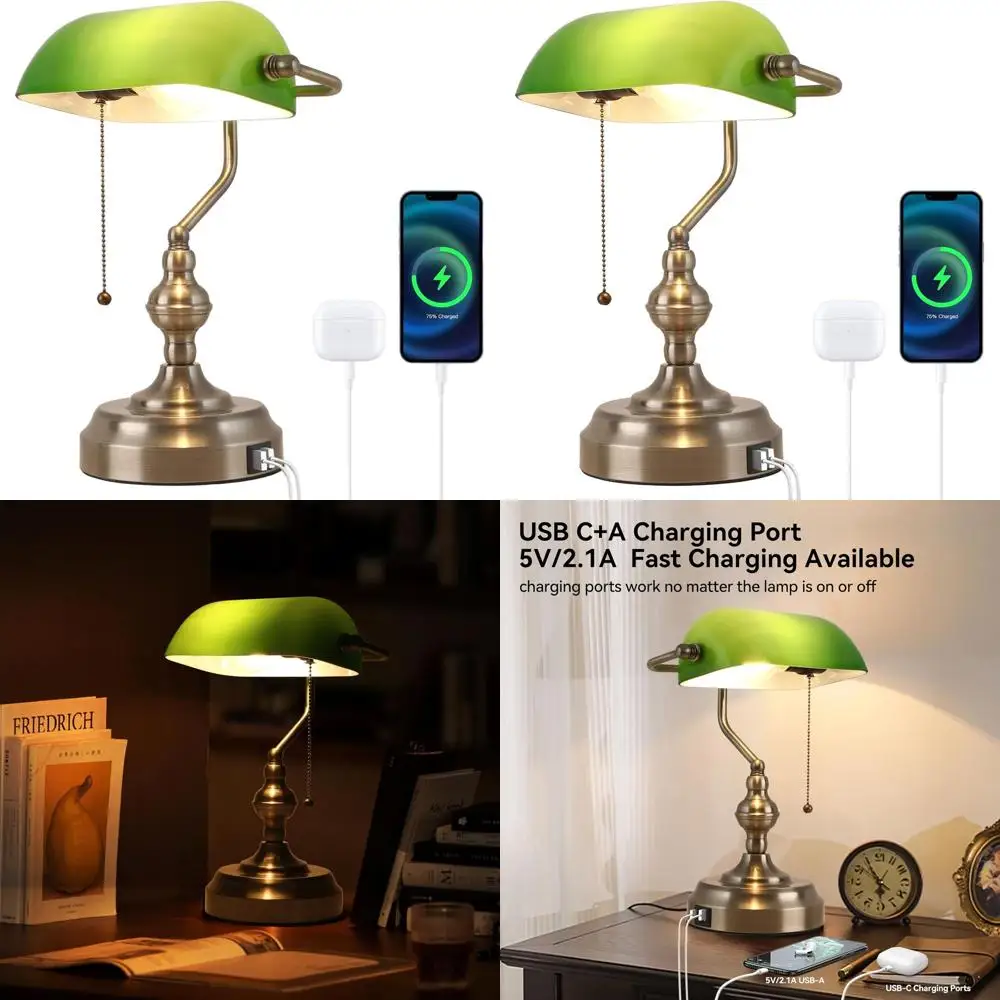 

Настольная лампа в антикварном стиле с USB-портом, традиционным зеленым абажуром, подходит для офиса или кабинета, с выключателем на шнурке