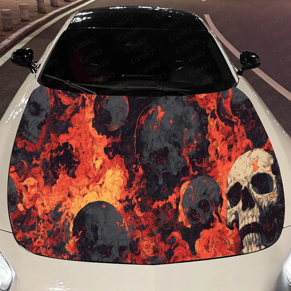 

Vibrant Flaming Skull Auto Cover Sticker, Waterproof and Self-adhesive Auto Hood Decal, Auto Vinyl Wraps, Cool Car Exterior Deca