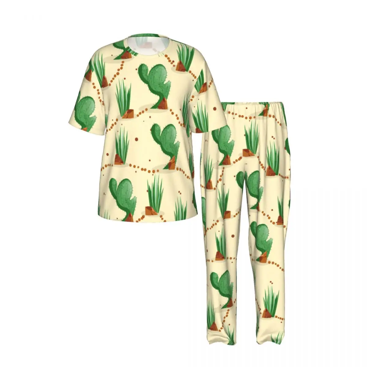 Men's Pajamas Set Summer Short-Sleeve Tops + Long Pants Nightwear Home Wear Suits Cactus With Thorns Sleepwear