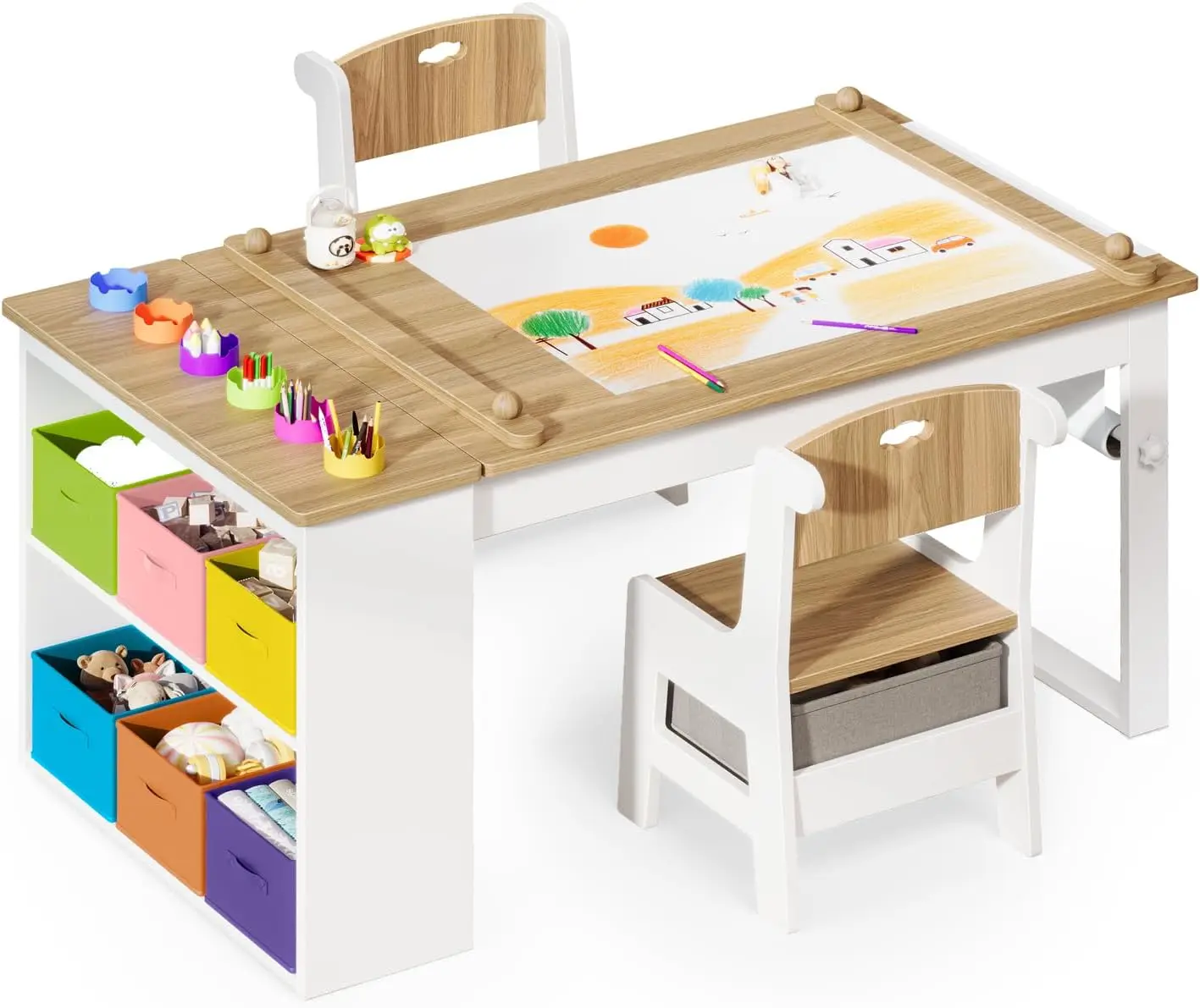 Kids Art Table and Chairs, Toddler Craft Table and 2 Chairs Set with Roll Paper, Large Activity Desk with 6 Colorful Paint Cups & Storage for Drawing, Learning and Reading