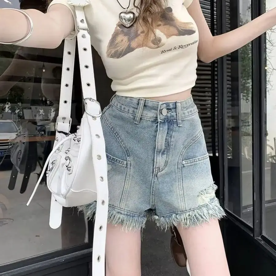 American Hot Girl Ripped Rosy Denim Shorts Women Summer New Niche Design Slim Casual Versatile High-Waisted A-Line Pants