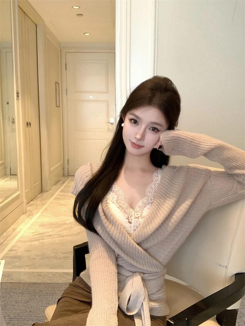 

Ele V-Ne Knitted Sweater Women's Faion Cross-Belted Soft Sle Long Sve Top Korean Version Polyester Fiber