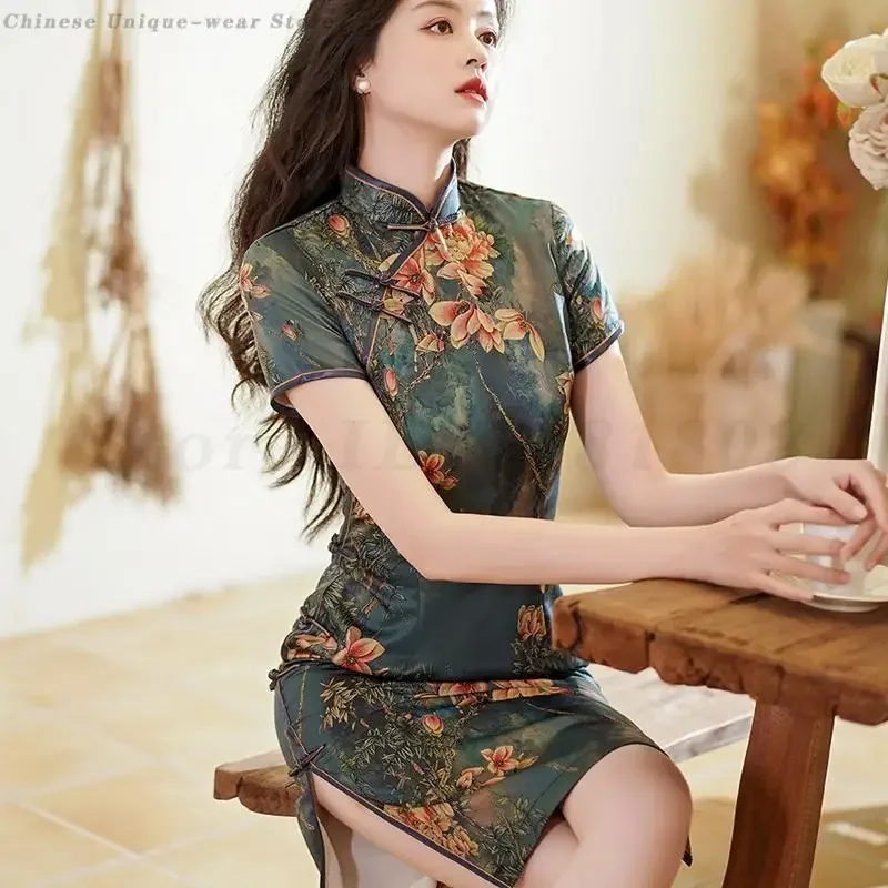 

Women's Printed Slim Cheongsam Summer New Chinese Style Dress Retro Elegant Gown Oversized Vestidos Short Sleeved Satin Qipao