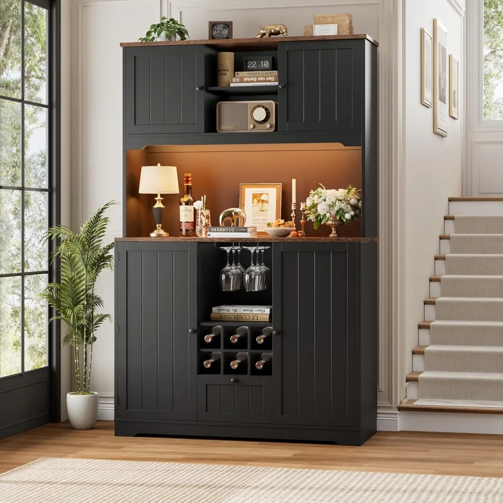 71 Pantry Cabinet with LED Light and Charging Station, Kitchen Pantry Cabinet with Microwave Stand, Kitchen Hutch Food