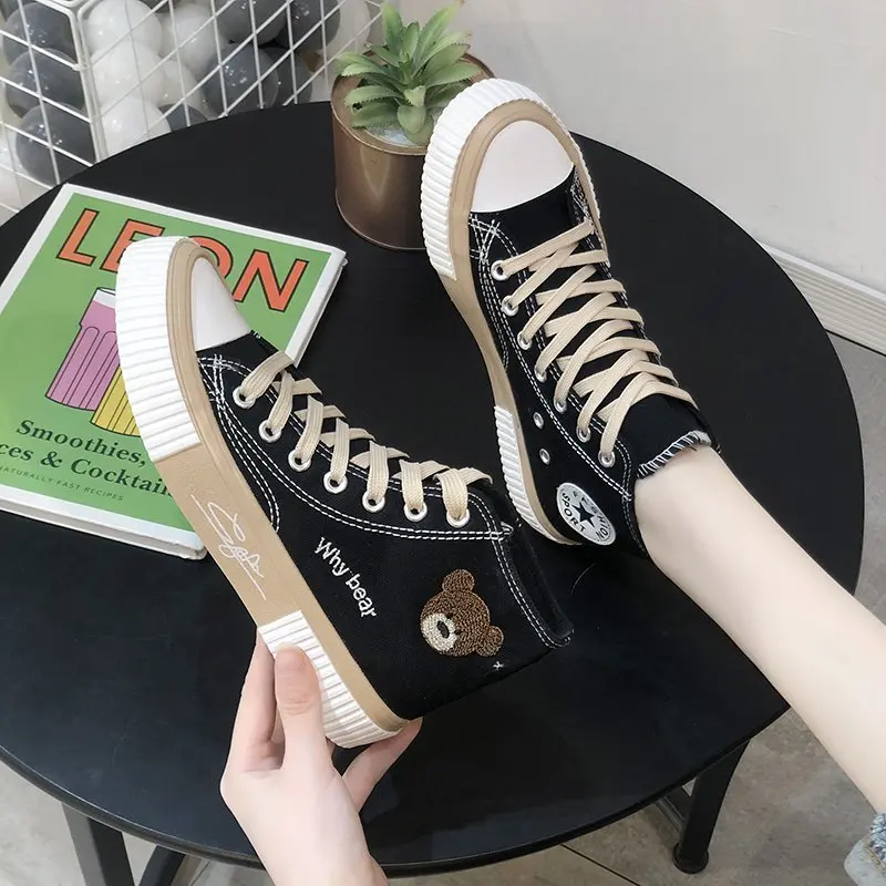 Cute Bear Canvas Shoes for Women Breathable Sneakers Fashion Casual Vulcanized Sport  Shoe Flats High/Low Top Lace Up Zapatos