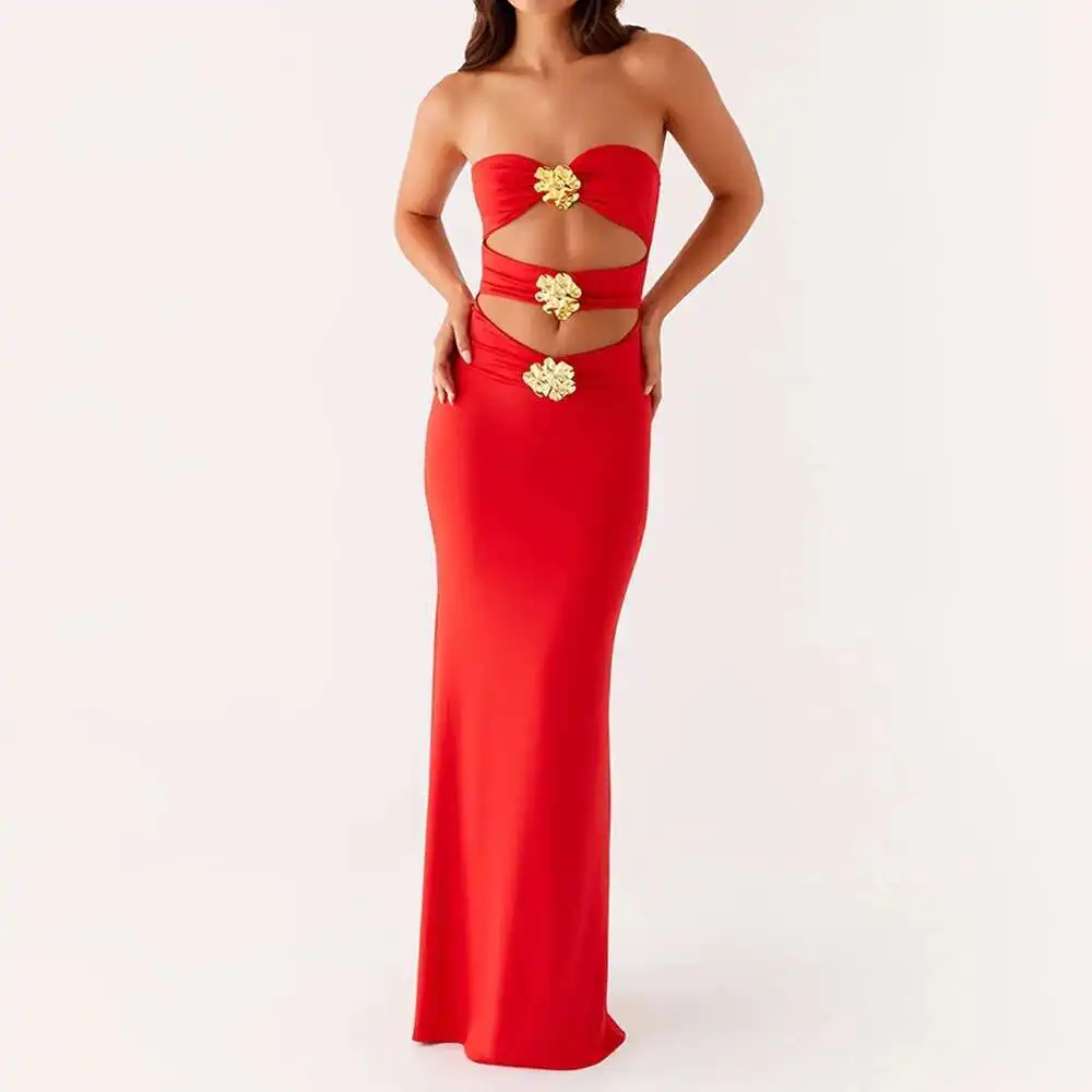 

2025 Summer New Women's Sexy Hollow Out Dress with One Collar Metal Flower, Spicy Girl Slimming Long Dress Robe Vestido Women