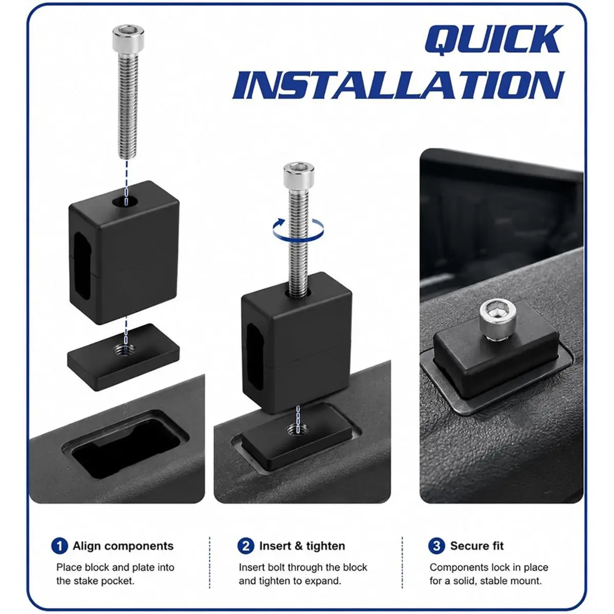 Winter Essential 4-Pack Truck Bed Stake Pocket Mounting Kit Base Hardware, Rigid Tie Down Plates for Most Pickup Trucks