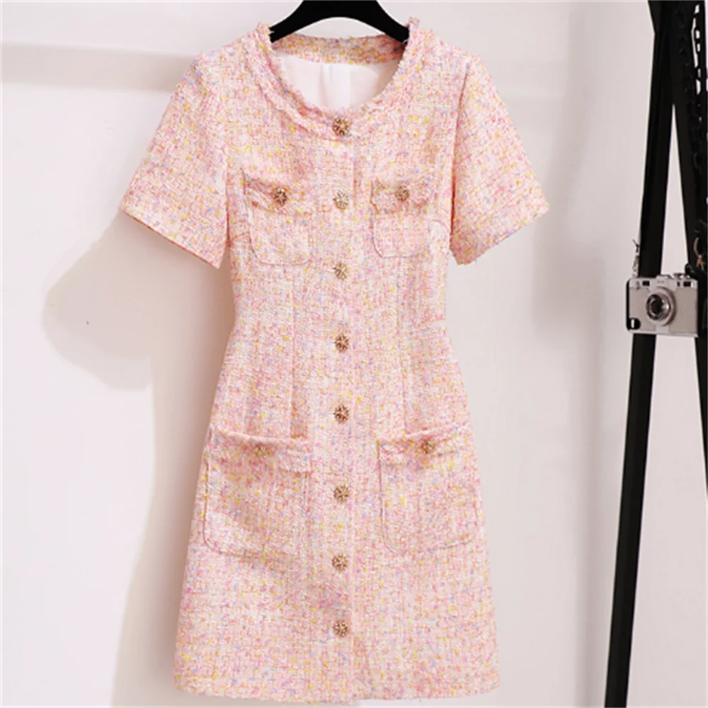 

Pink tweed dress women's short-sleeved 2023 new slim dress pocket formal dress women elegant