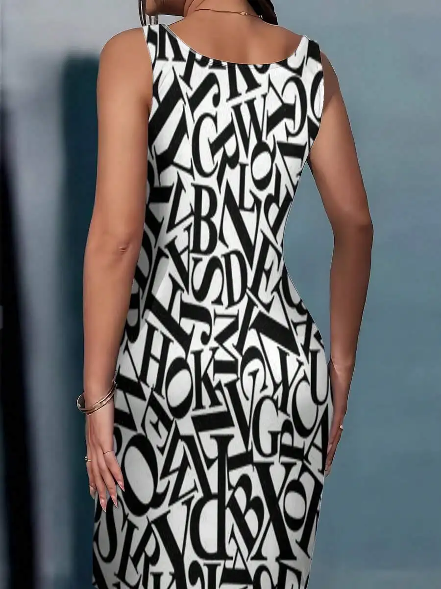 

Womens Round Neck Sleeveless Alphabet Print Bodycon Dress Black White Casual Summer Party