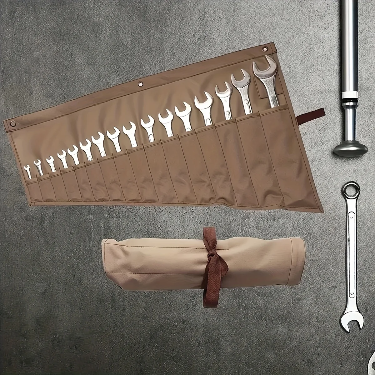 Brown universal hardware tool hanging bag, wrench bag, canvas storage bag, maintenance tool bag, roll bag, 1 piece each