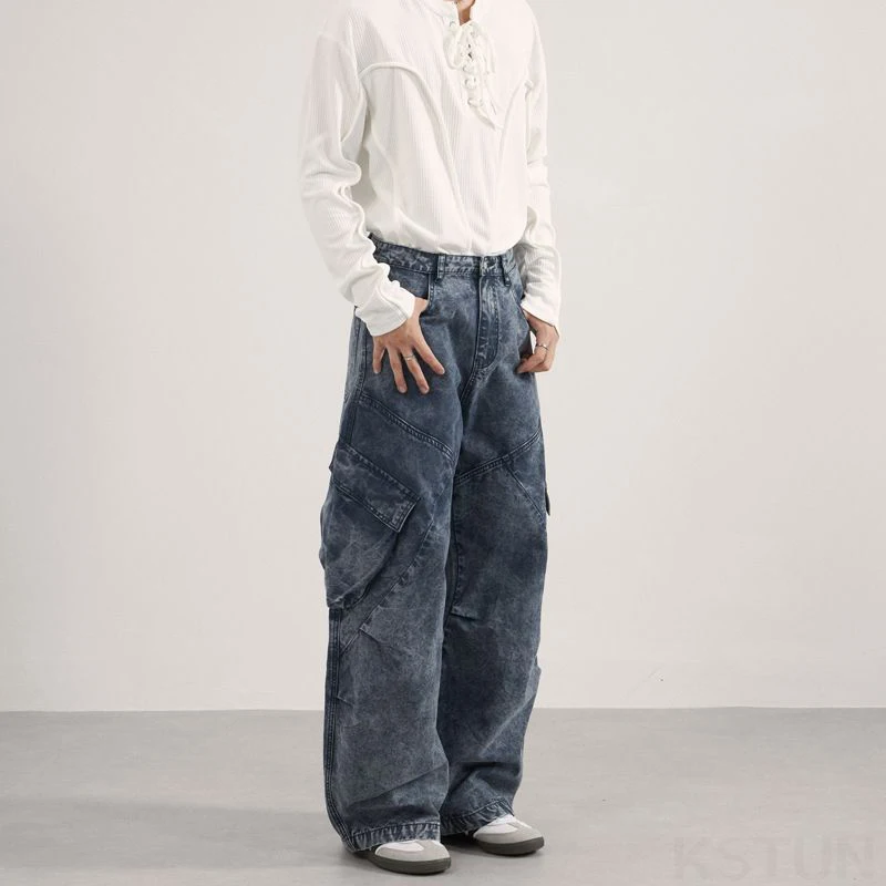 KSTUN فضفاض الجينز الرجال واسعة الساق فضفاضة تناسب منحني السراويل المتضخم الأمريكية خمر البضائع السراويل جيوب متعددة كامل طول السراويل #2