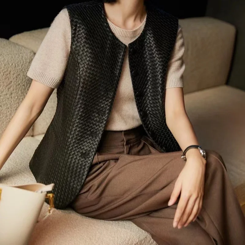 

Жилет из натуральной кожи, весна/осень, ручной работы из овчины, винтажный повседневный жилет, жилет для коррекции фигуры.