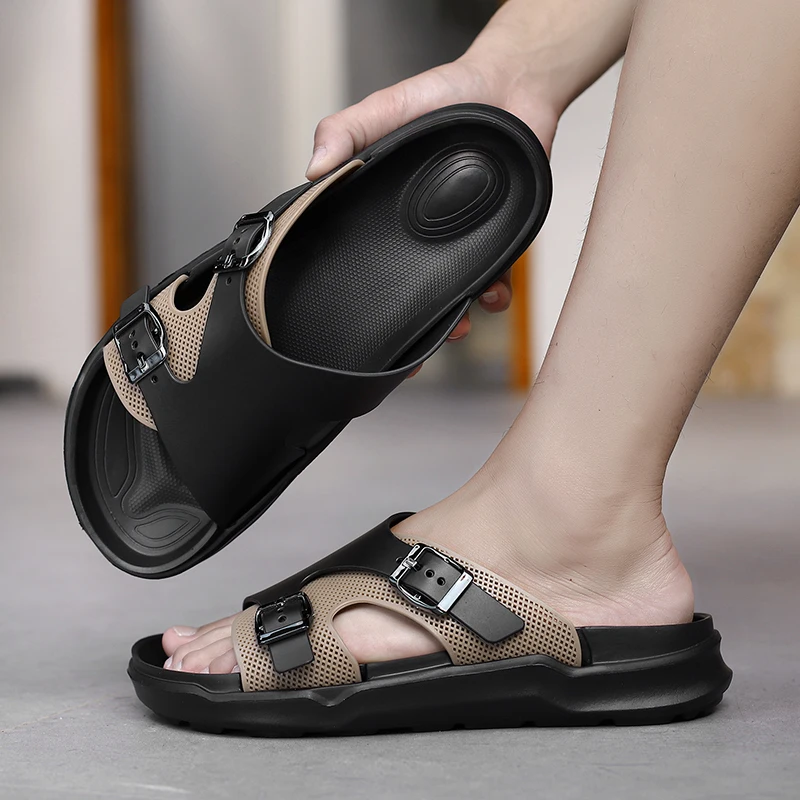 Men's leather one-piece slippers 2026 summer new comfortable breathable sandals outdoor fashionable anti slip beach slippers