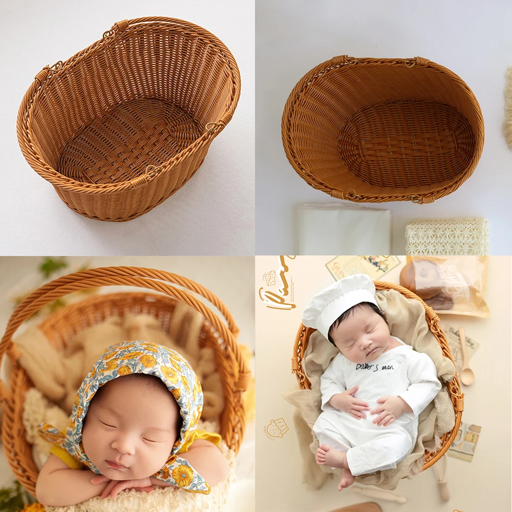 Simple Rattan Basket Photography Props Newborn Photoshoot Props Handmade Woven Retro Bamboo Baskets Studio Shooting Accessories