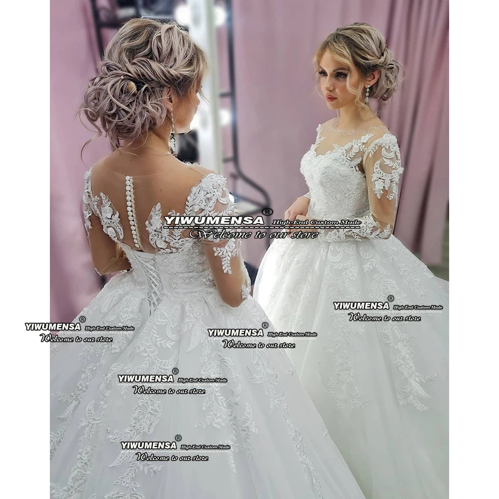 Yiwumensa princesa a linha vestidos de casamento o pescoço frisado apppliques pele tule laço-up voltar botões vestidos de noiva robe de casamento