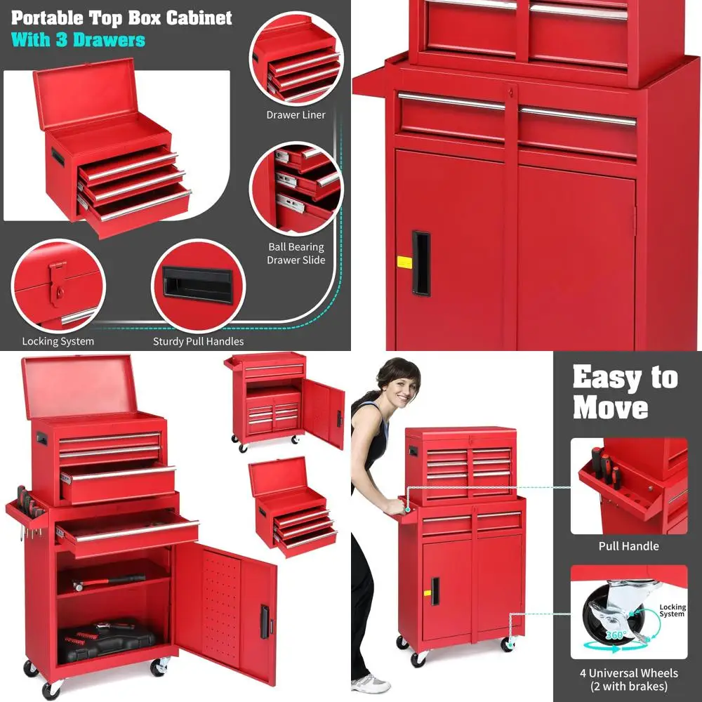 

Портативный металлический инструментальный шкаф с 4 ящиками и съемным верхним отсеком, для гаража и мастерской, красный