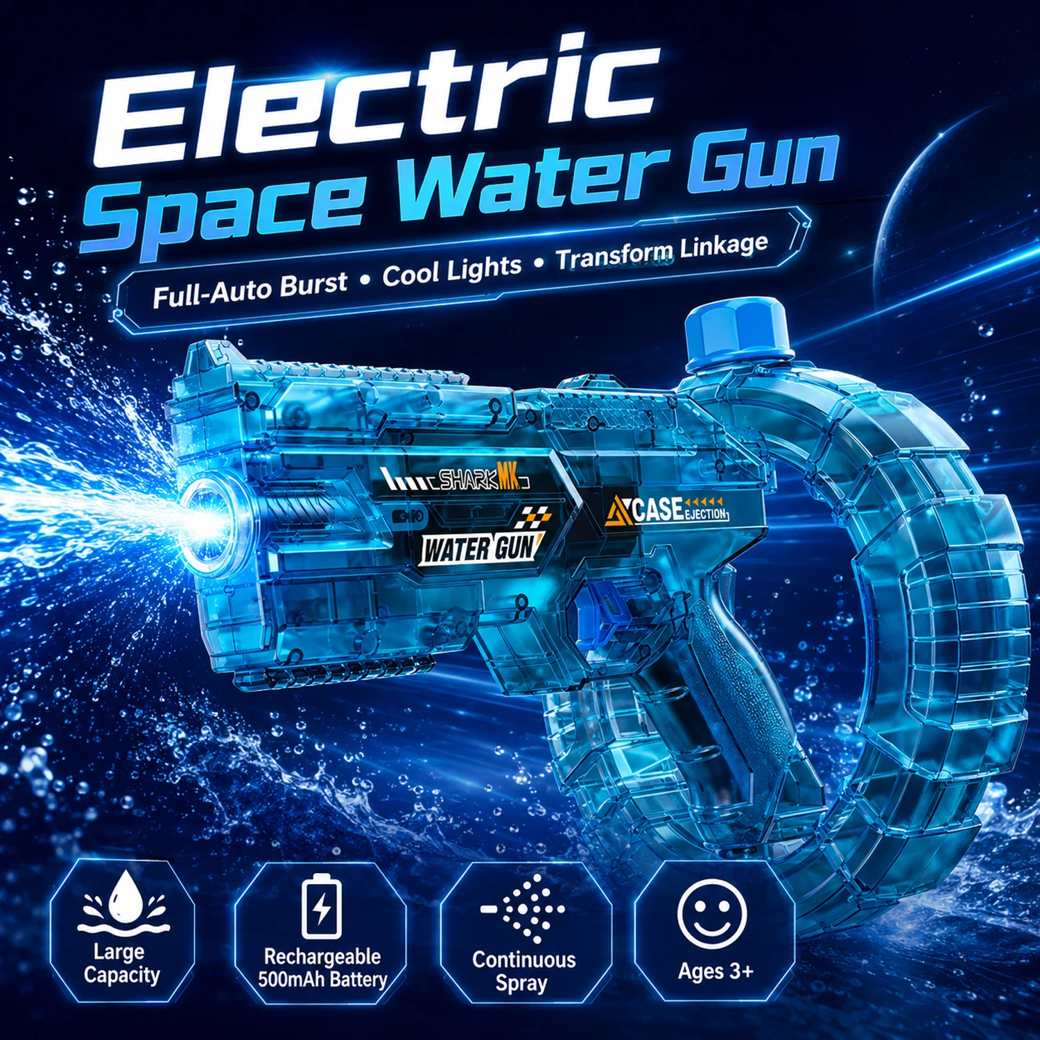 Electric Water Gun Toy for Kids Adults, Large Capacity Drum Magazine Automatic Water Pistol with Light, Summer Oudoor