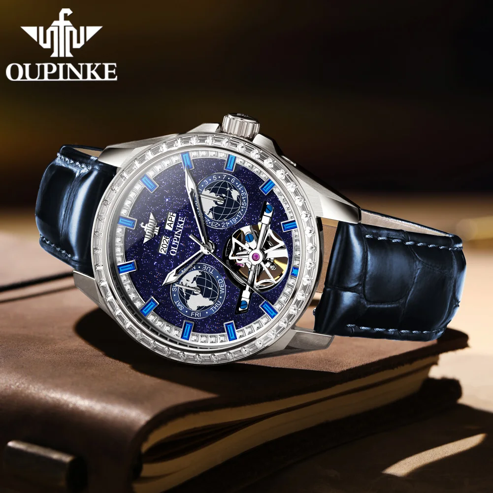 OUPINKE 3280 Men Watch Luxury Original Flywheel Hollow All Automatic Mechanical Watch Brand Starry Sky Sapphire Mirror Men Watch