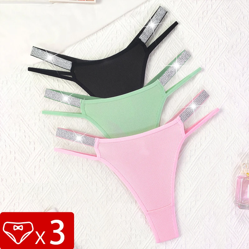 3pcs Women Sexy G-string Solid Low Rise Comfortable Female Underwear Two Shiny Belts Intimate Lingerie T-back Ladies Thongs