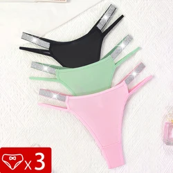 3pcs Women Sexy G-string Solid Low Rise Comfortable Female Underwear Two Shiny Belts Intimate Lingerie T-back Ladies Thongs