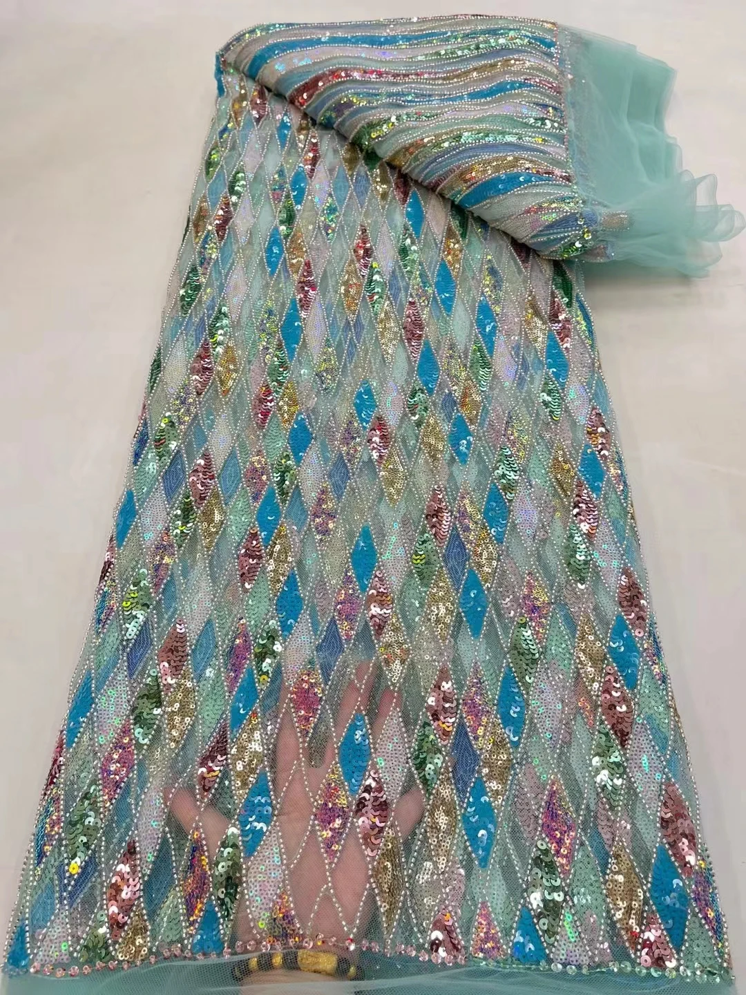 

African color matching sequin diamond square beaded tube embroidered edge, Nigerian fashion party dress designer fabric