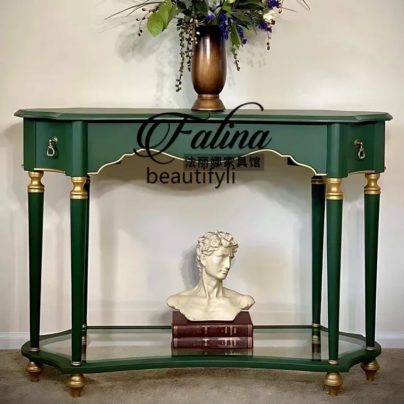 Q181 new French solid wood semicircular entrance table retro against the wall, entrance cabinet  light luxury shelf, storage tab