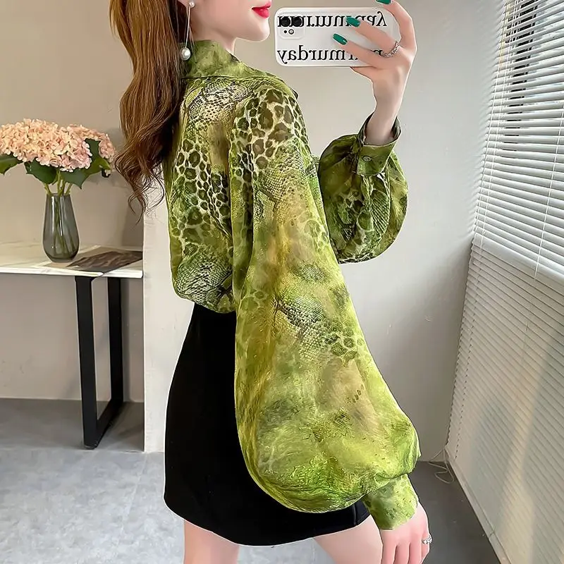 Commute Snake Pattern Printed Blouse 2024 Spring Autumn Turn-down Collar Female Clothing Long Sleeve Fashion Casual Loose Shirt