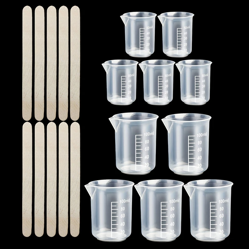 Plastic Graduated Measuring Cups Set with Wooden Stir Sticks, 50ml 100ml Mixing Beaker for Epoxy Resin DIY Craft Pigment Paint M