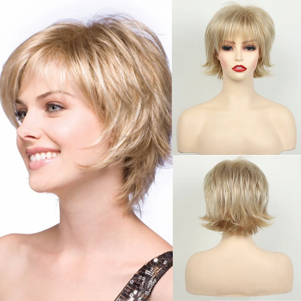 

Blonde Pixie Cut Wig for Women Curly with Bangs Short Synthetic Hair Wavy Natural Look Costume Party Female Hairpiece